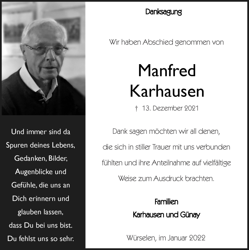  Traueranzeige für Manfred Karhausen vom 30.01.2022 aus Zeitung am Sonntag