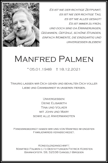 Traueranzeige von Manfred Palmen von Zeitung am Sonntag