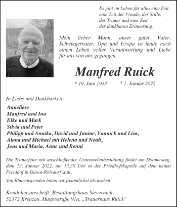 Traueranzeige von Manfred Ruick von Zeitung am Sonntag