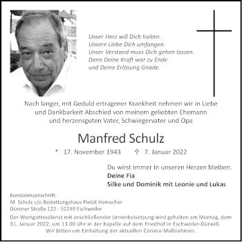 Traueranzeige von Manfred Schulz von Zeitung am Sonntag