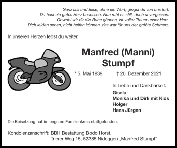 Traueranzeige von Manfred Stumpf von Zeitung am Sonntag