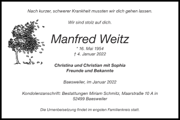 Traueranzeige von Manfred Weitz von Zeitung am Sonntag