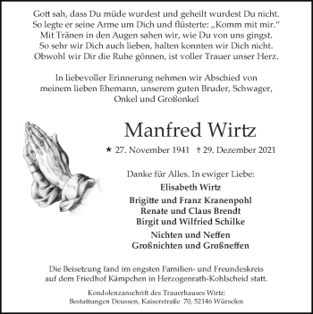 Traueranzeige von Manfred Wirtz von Zeitung am Sonntag