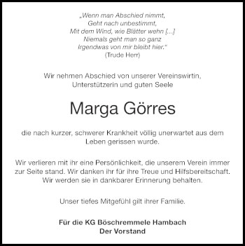 Traueranzeige von Marga Görres von Zeitung am Sonntag