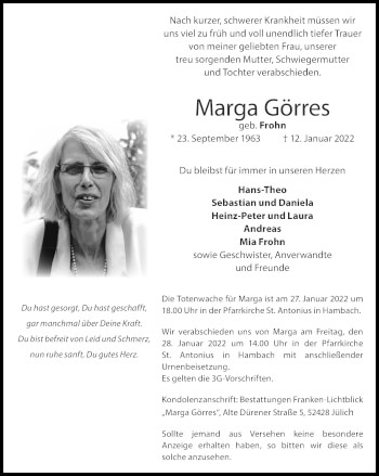Traueranzeige von Marga Görres von Zeitung am Sonntag