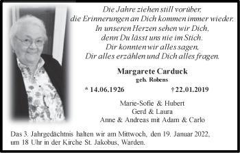 Traueranzeige von Margarete Carduck von Zeitung am Sonntag