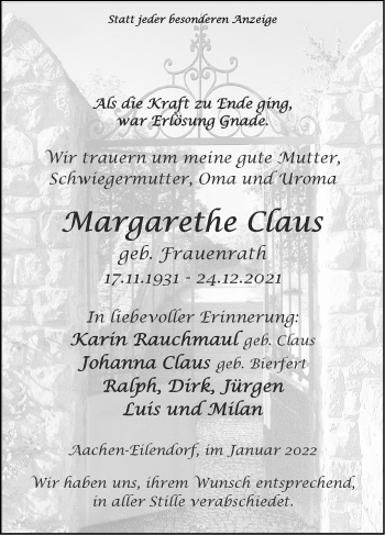 Traueranzeige von Margarethe Claus von Zeitung am Sonntag