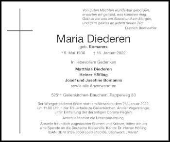 Traueranzeige von Maria Diederen von Zeitung am Sonntag