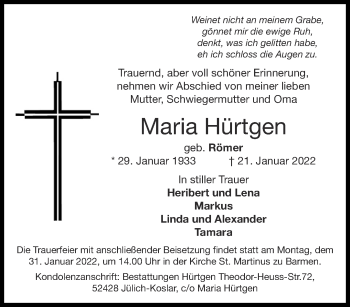 Traueranzeige von Maria Hürtgen von Aachener Zeitung / Aachener Nachrichten