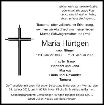 Traueranzeige von Maria Hürtgen von Zeitung am Sonntag