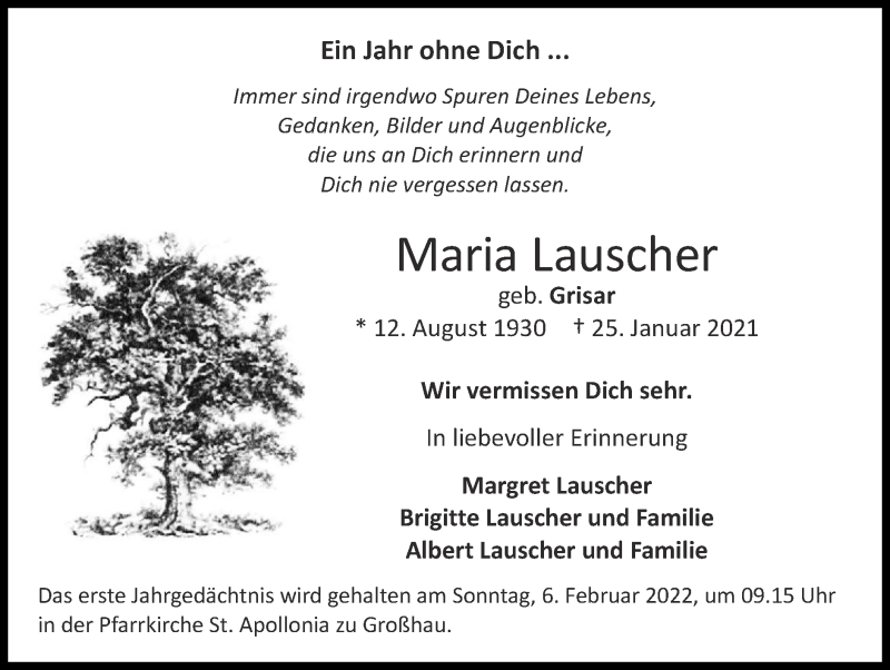  Traueranzeige für Maria Lauscher vom 30.01.2022 aus Zeitung am Sonntag