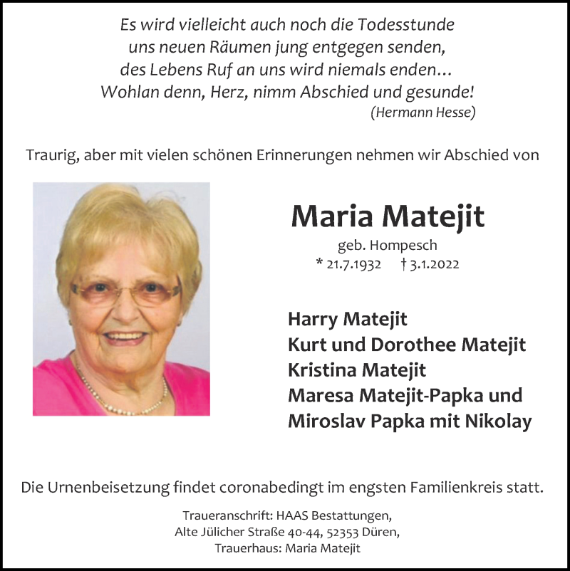  Traueranzeige für Maria Matejit vom 16.01.2022 aus Zeitung am Sonntag