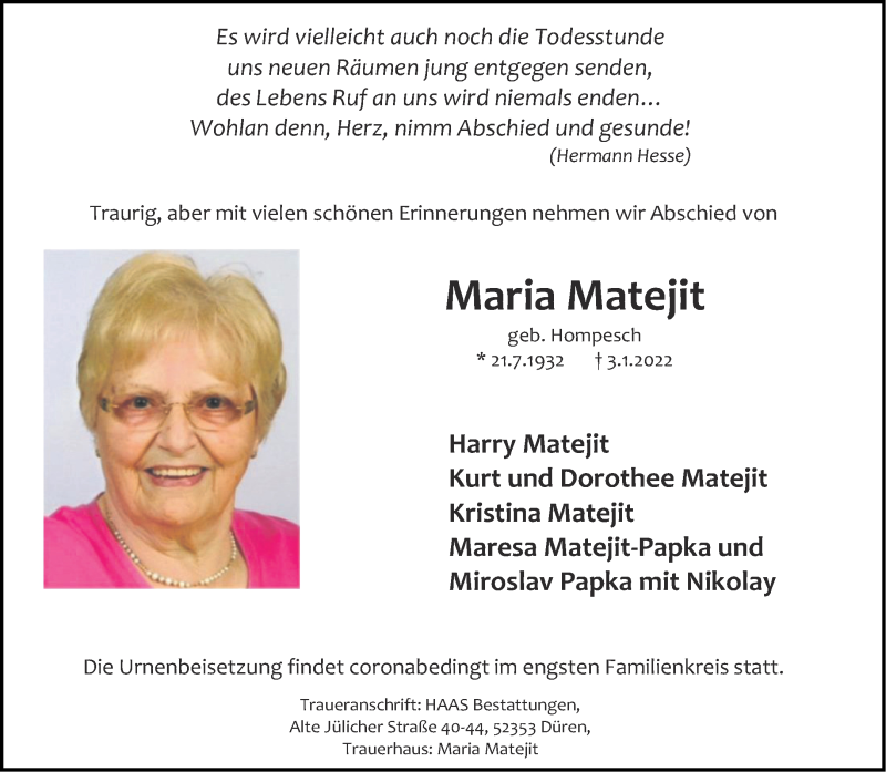  Traueranzeige für Maria Matejit vom 15.01.2022 aus Aachener Zeitung / Aachener Nachrichten