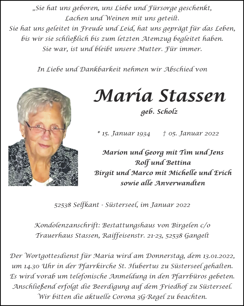  Traueranzeige für Maria Stassen vom 09.01.2022 aus Zeitung am Sonntag