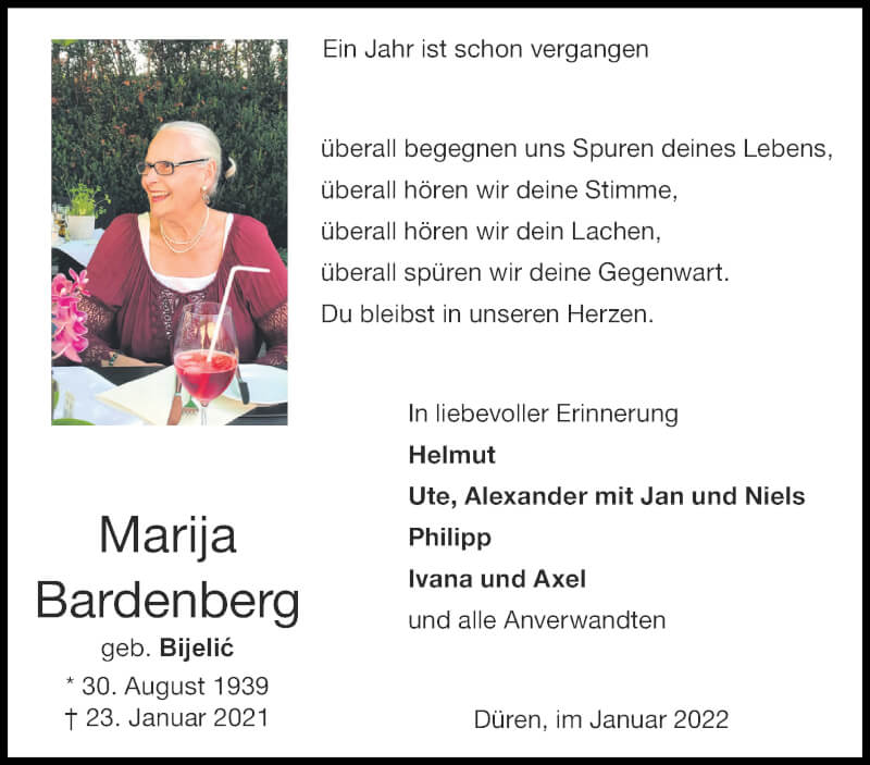  Traueranzeige für Marija Bardenberg vom 23.01.2022 aus Zeitung am Sonntag