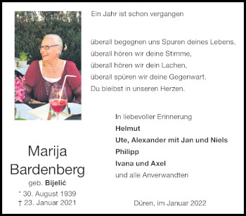 Traueranzeige von Marija Bardenberg von Zeitung am Sonntag