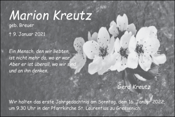Traueranzeige von Marion Kreutz von Zeitung am Sonntag