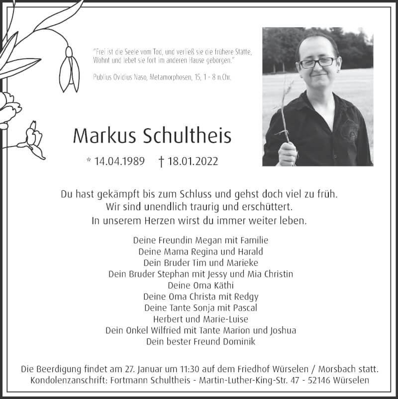  Traueranzeige für Markus Schultheis vom 23.01.2022 aus Zeitung am Sonntag