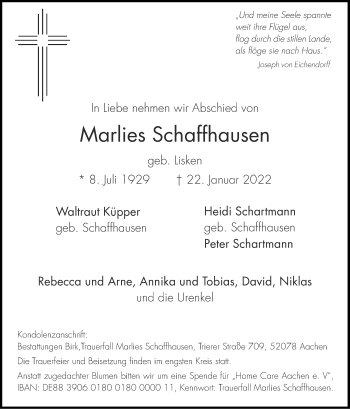 Traueranzeige von Marlies Schaffhausen von Zeitung am Sonntag