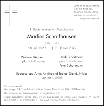 Traueranzeige von Marlies Schaffhausen von Aachener Zeitung / Aachener Nachrichten