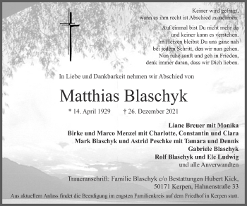 Traueranzeige von Matthias Blaschyk von Zeitung am Sonntag