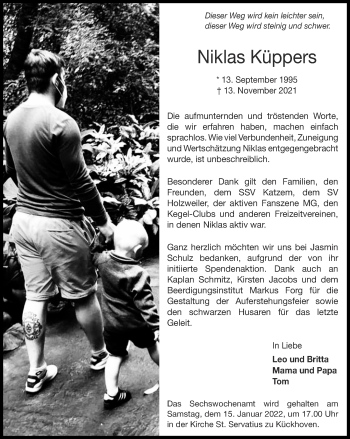 Traueranzeige von Niklas Küppers von Zeitung am Sonntag