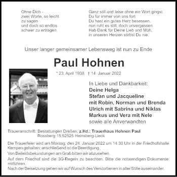 Traueranzeige von Paul Hohnen von Zeitung am Sonntag