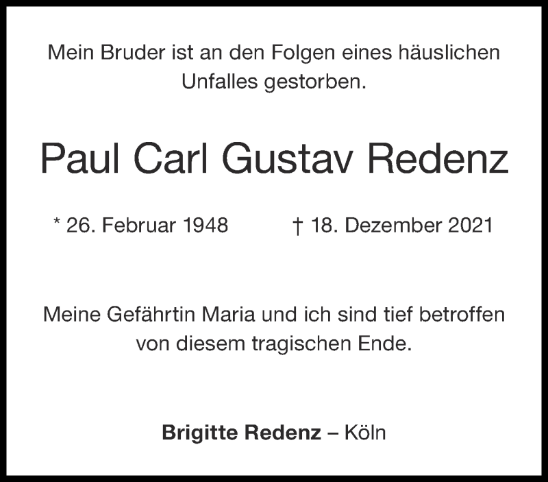  Traueranzeige für Paul Carl Gustav Redenz vom 15.01.2022 aus Aachener Zeitung / Aachener Nachrichten