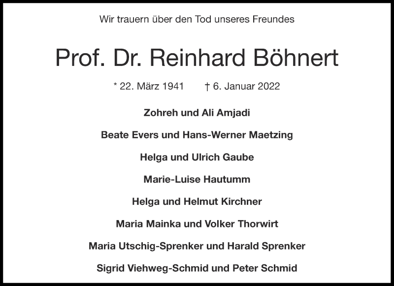  Traueranzeige für Reinhard Böhnert vom 12.01.2022 aus Aachener Zeitung / Aachener Nachrichten