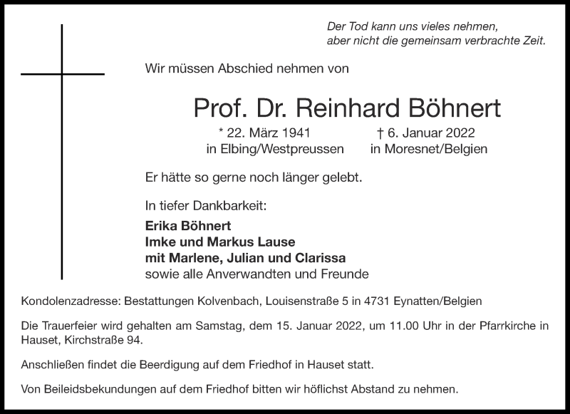  Traueranzeige für Reinhard Böhnert vom 12.01.2022 aus Aachener Zeitung / Aachener Nachrichten