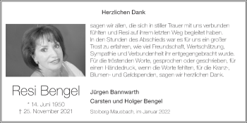 Traueranzeige von Resi Bengel von Zeitung am Sonntag