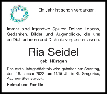 Traueranzeige von Ria Seidel von Zeitung am Sonntag