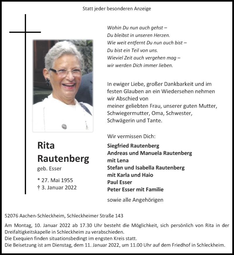 Traueranzeige für Rita Rautenberg vom 08.01.2022 aus Aachener Zeitung / Aachener Nachrichten