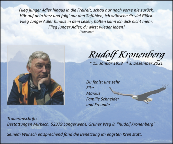 Traueranzeige von Rudolf Kronenberg von Zeitung am Sonntag