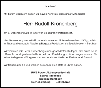 Traueranzeige von Rudolf Kronenberg von Aachener Zeitung / Aachener Nachrichten