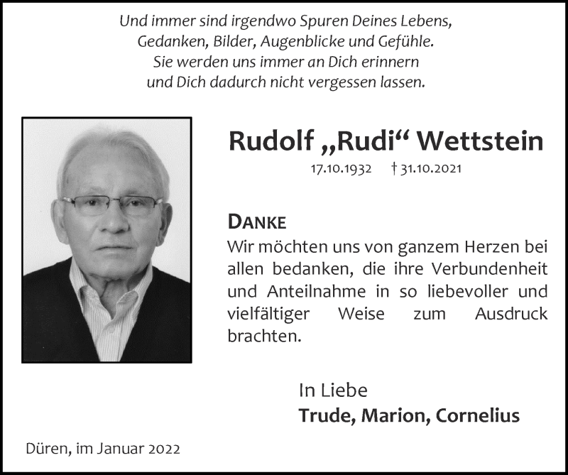  Traueranzeige für Rudolf Wettstein vom 02.01.2022 aus Zeitung am Sonntag