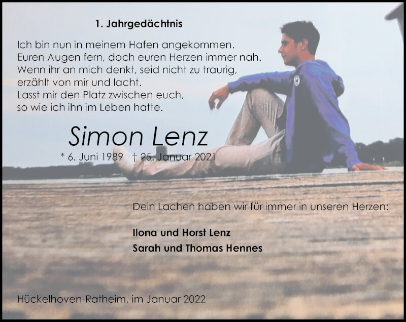  Traueranzeige für Simon Lenz vom 23.01.2022 aus Zeitung am Sonntag