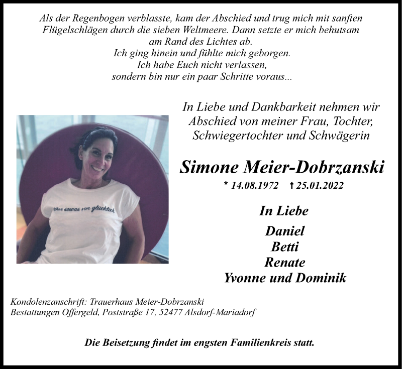  Traueranzeige für Simone Meier-Dobrzanski vom 30.01.2022 aus Zeitung am Sonntag