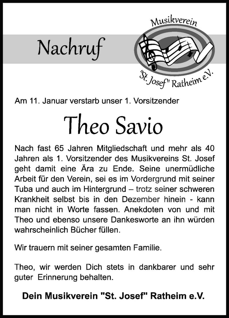  Traueranzeige für Theo Savio vom 23.01.2022 aus Zeitung am Sonntag