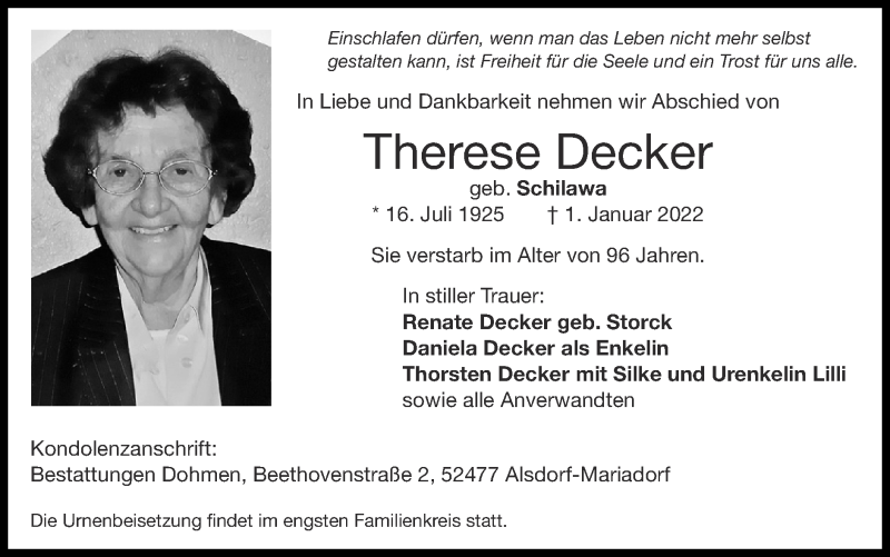  Traueranzeige für Therese Decker vom 16.01.2022 aus Zeitung am Sonntag