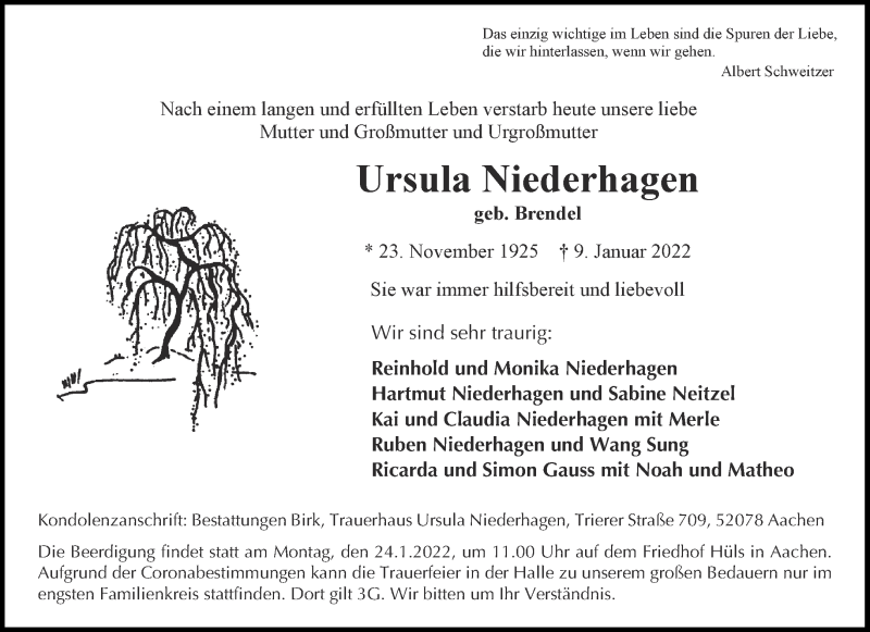  Traueranzeige für Ursula Niederhagen vom 15.01.2022 aus Aachener Zeitung / Aachener Nachrichten