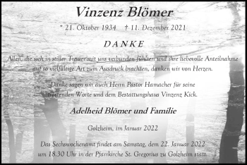 Traueranzeige von Vinzenz Blömer von Zeitung am Sonntag
