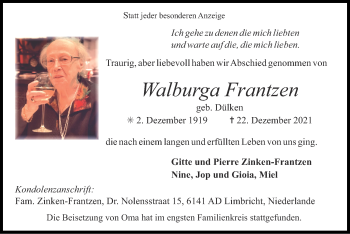Traueranzeige von Walburga Frantzen von Zeitung am Sonntag