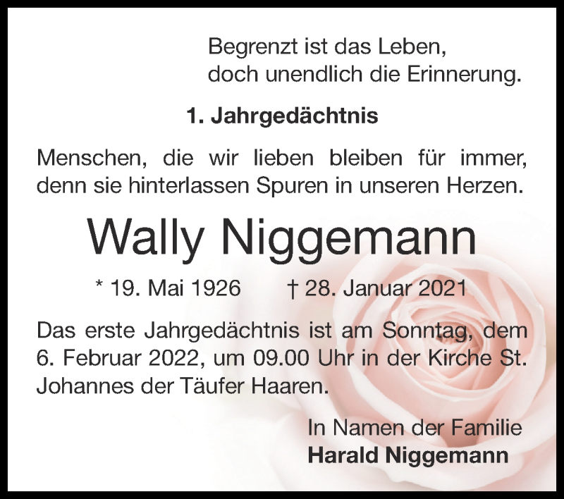  Traueranzeige für Wally Niggemann vom 30.01.2022 aus Zeitung am Sonntag