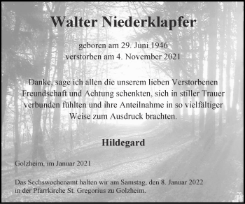 Traueranzeige von Walter Niederklapfer von Zeitung am Sonntag