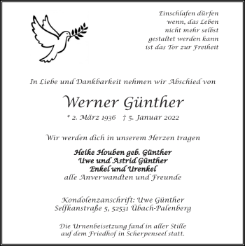 Traueranzeige von Werner Günther von Zeitung am Sonntag