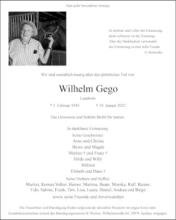 Traueranzeige von Wilhelm Gego von Zeitung am Sonntag