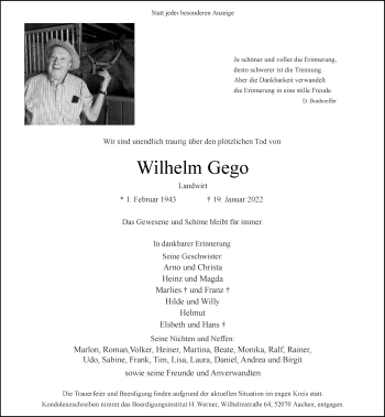 Traueranzeige von Wilhelm Gego von Aachener Zeitung / Aachener Nachrichten