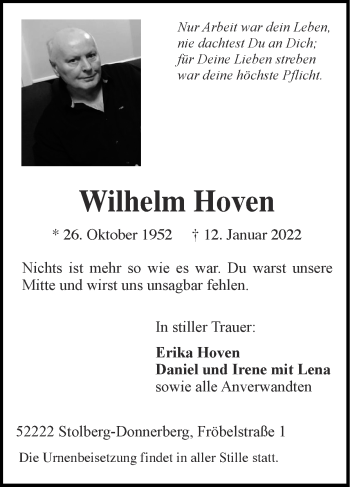 Traueranzeige von Wilhelm Hoven von Zeitung am Sonntag