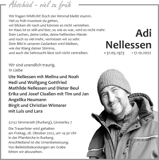 Traueranzeige von Adi Nellessen von Zeitung am Sonntag
